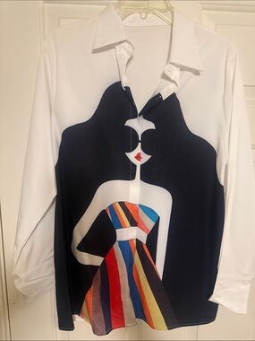 Graphic Long-Sleeve Button-Front Shirt - White with Multicolor Print